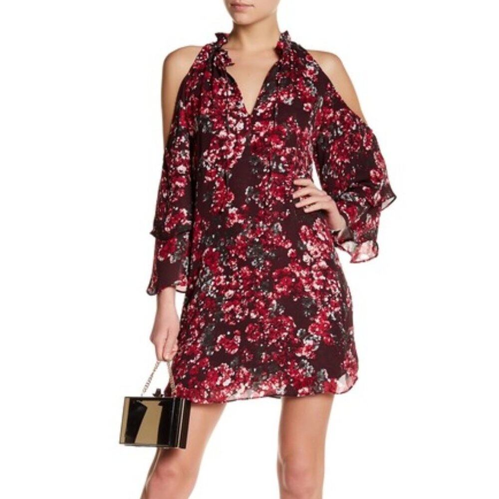 Parker Red and Black Floral Cold-Shoulder Dress